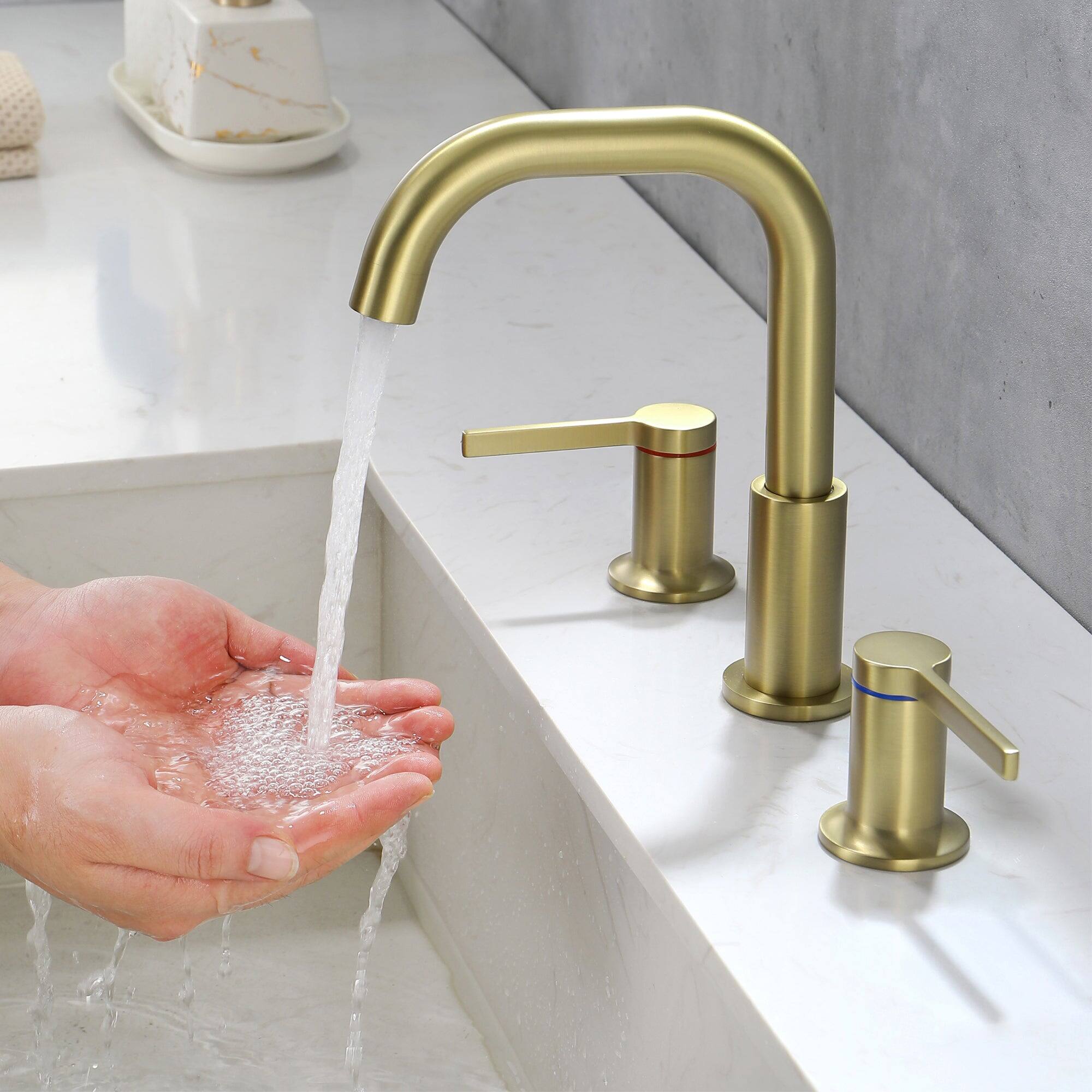 Angle. Boyel Living - 8 in Widespread Double Handle 1.2 GPM Bathroom Faucet with Quick Connect Hose and Water Supply Hose in Brushed Gold - Brushed Gold.