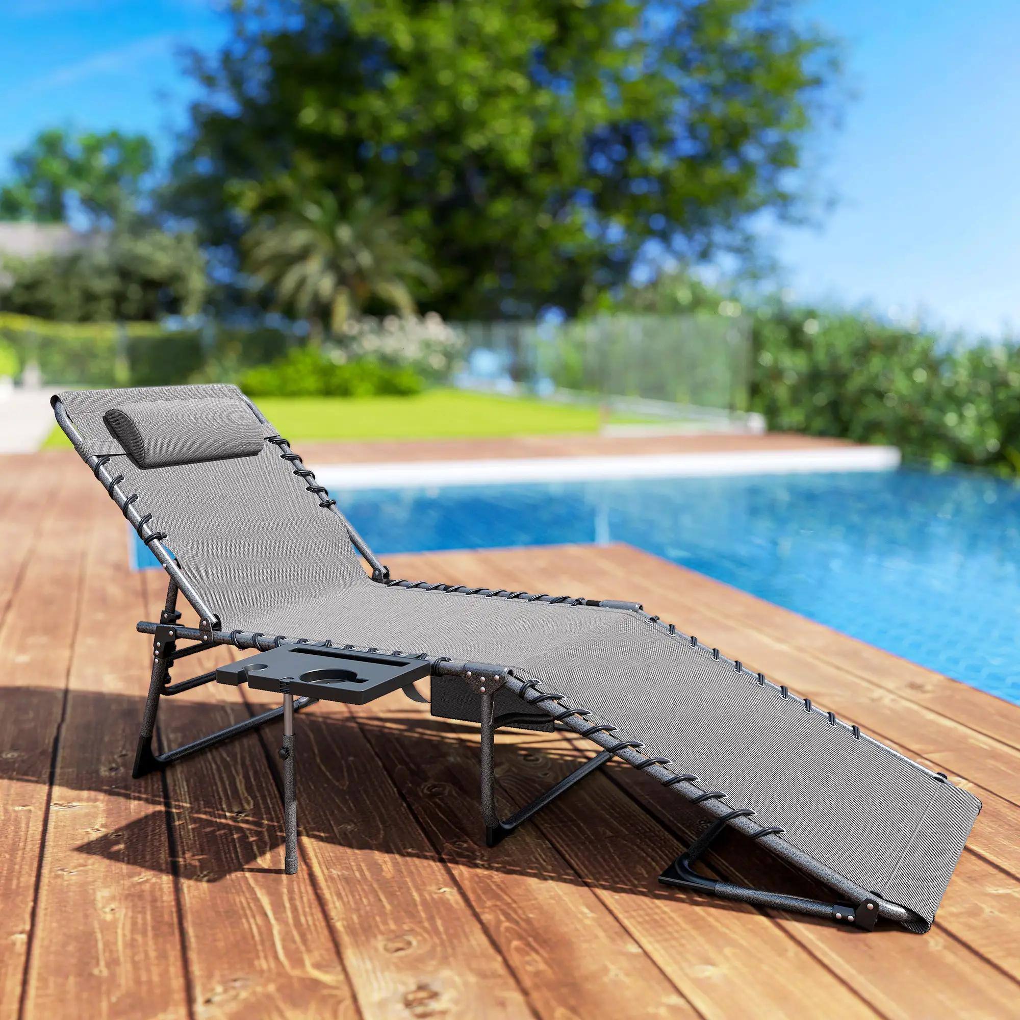 Left. Resenkos - Resenkos Folding Outdoor Chaise Lounge Chair Tanning Chair With 5-Level Adjustable Back, Pocket, Gray - Gray.