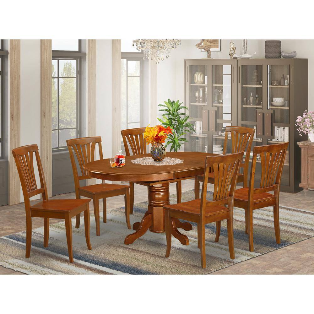 Back. East West Furniture - 7 Pc set Avon Kitchen Table with Leaf and 6 Wood Dinette Chairs. - Saddle Brown.
