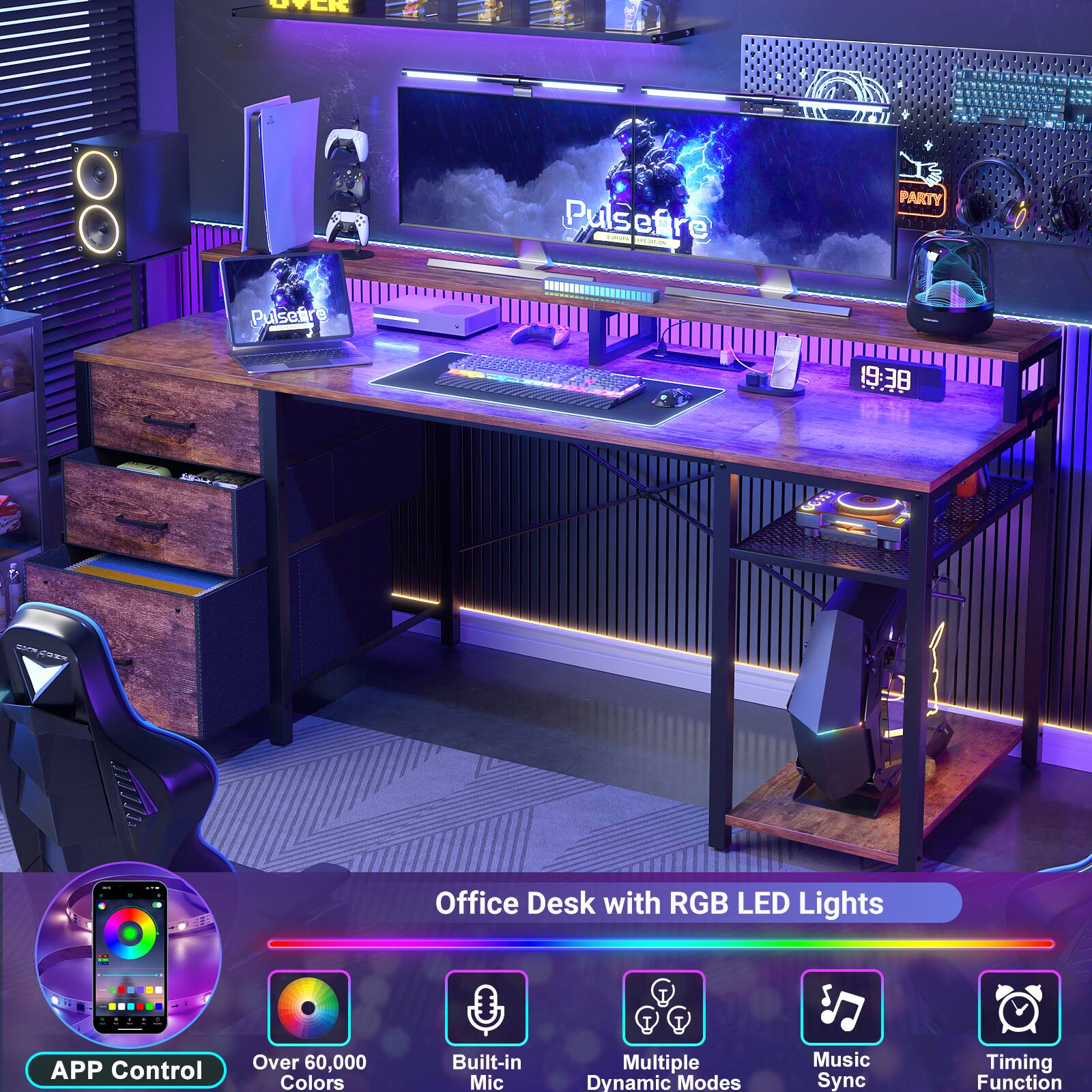 Office Desk with RGB LED Lights

- APP Control
- Over 60,000 Colors
- Built-in Mic
- Multiple Dynamic Modes
- Music Sync
- Timing Function