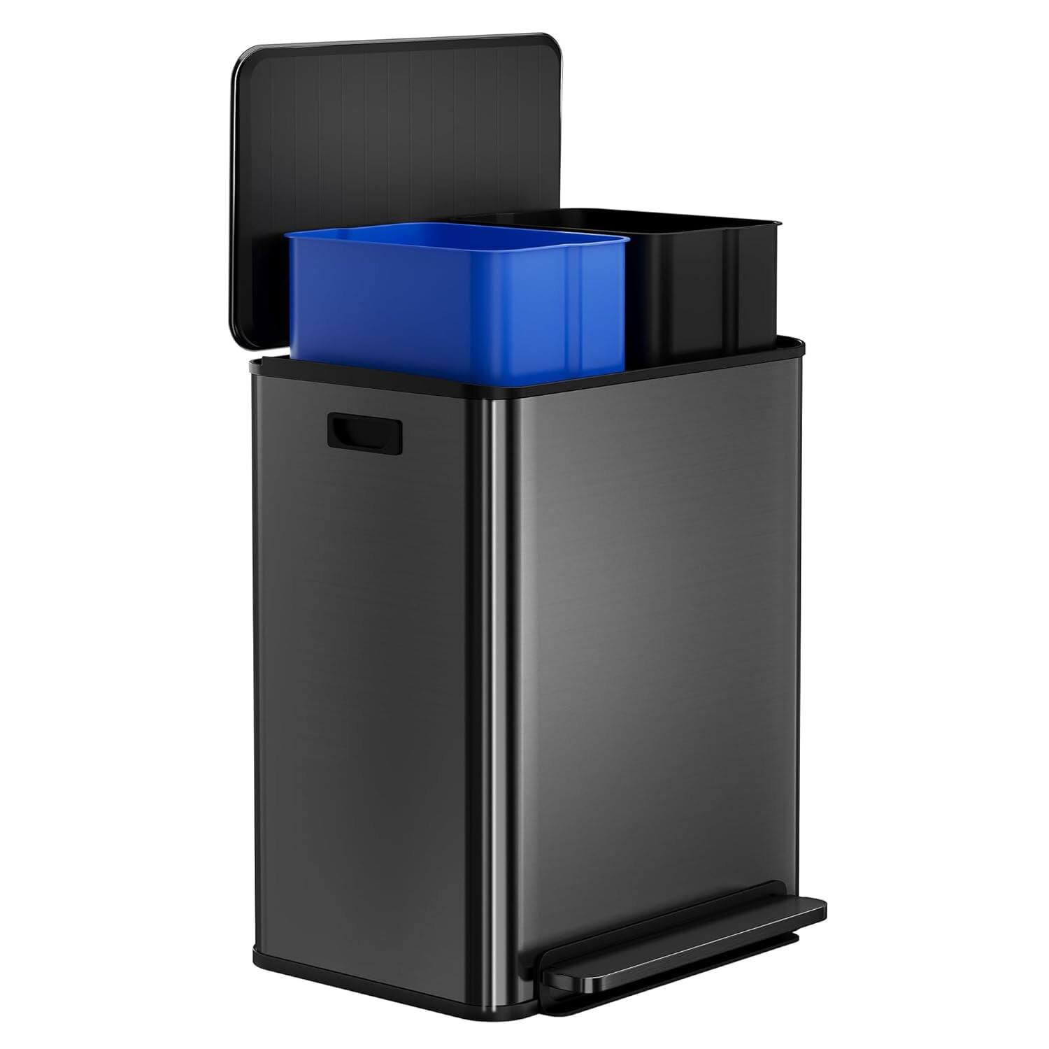 Front. Homhougo - 16 Gal Step-On Dual Stainless Steel Trash Bin, Black - Black.