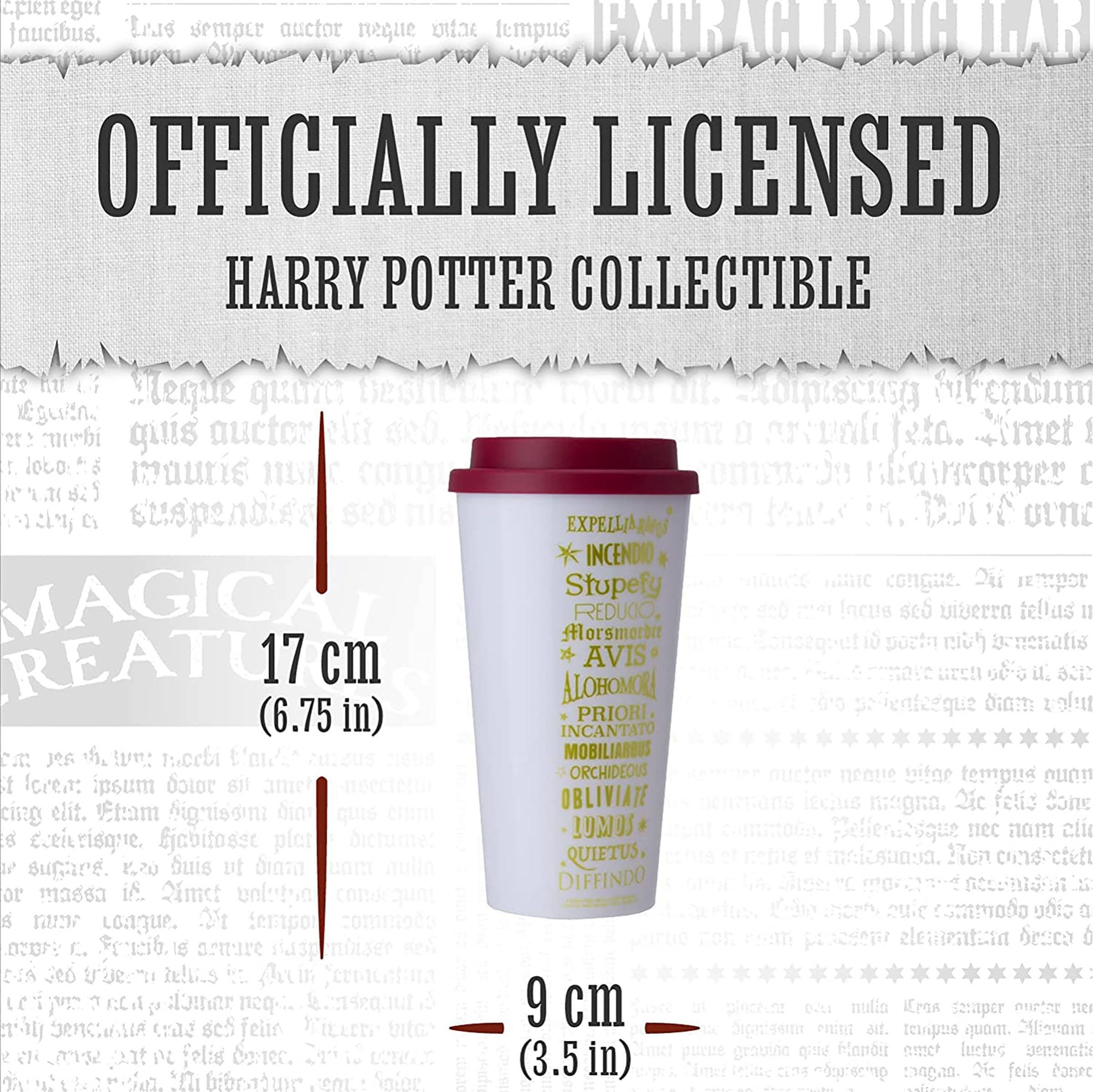 Certainly! Here is the corrected and grouped text from the image:

---

**OFFICIALLY LICENSED HARRY POTTER COLLECTIBLE**

**MAGICAL CREATURE**

**17 cm (6.75 in)**

**9 cm (3.5 in)**

**EXTRAGURRICULAR**

**EXPELLIARMUS**  
**INCENDIO**  
**STUPEFY**  
**REDUCIO**  
**AVIS**  
**ALOHOMORA**  
**PRIORI INCANTATO**  
**MOBILICORPUS**  
**ORCHIDIOUS**  
**OBLIVIATE**  
**LUMOS**  
**QUIETUS**  
**DIFFINDO**

---

This text is arranged to highlight the product as an officially licensed Harry Potter collectible, featuring a magical creature, with dimensions provided. The spells are listed vertically on the cup.