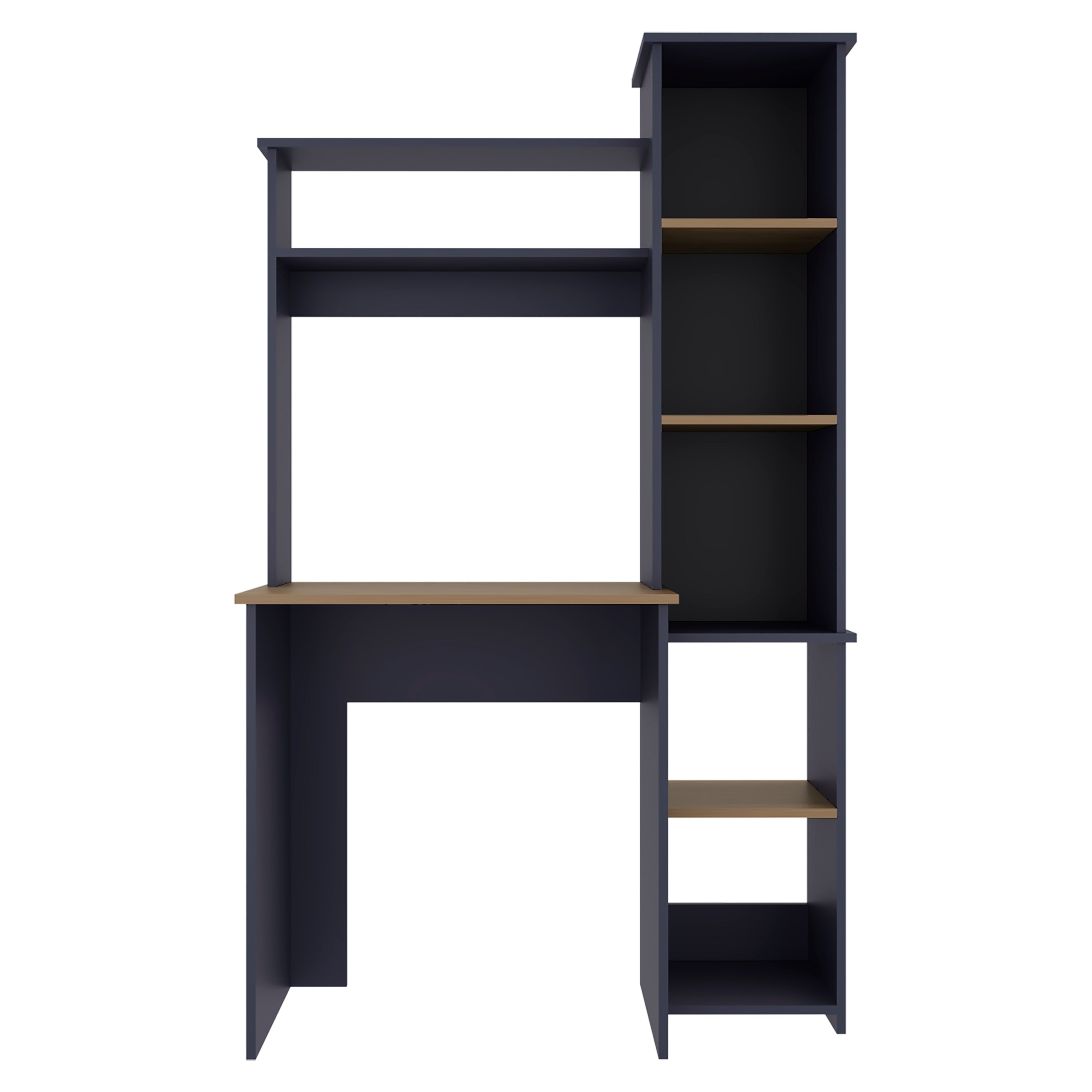 Back. TinyHomie - Navy Blue and Natural Oak Computer Desk with Hutch and Side Bookshelf - Oak.