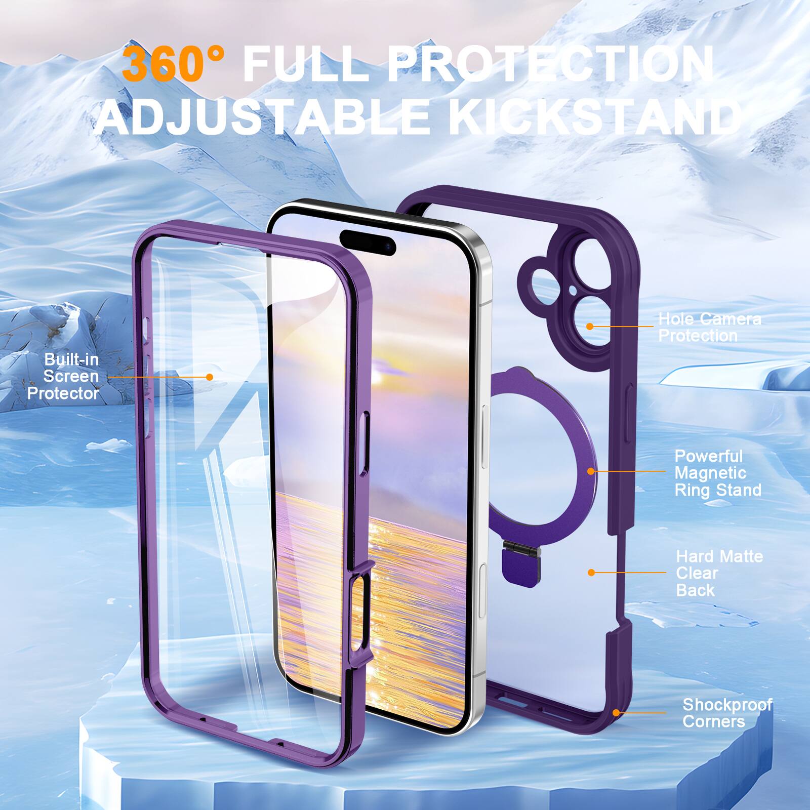 360° FULL PROTECTION ADJUSTABLE KICKSTAND

- Built-in Screen Protector
- Hole Camera Protection
- Powerful Magnetic Ring Stand
- Hard Matte Clear Back
- Shockproof Corners