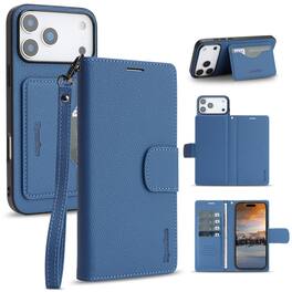 Dteck - 2-in-1 Detachable Wallet Case for Apple iPhone 17 Pro, RFID Faux Leather Shockproof Kickstand Cover with Wrist Strap - Blue
