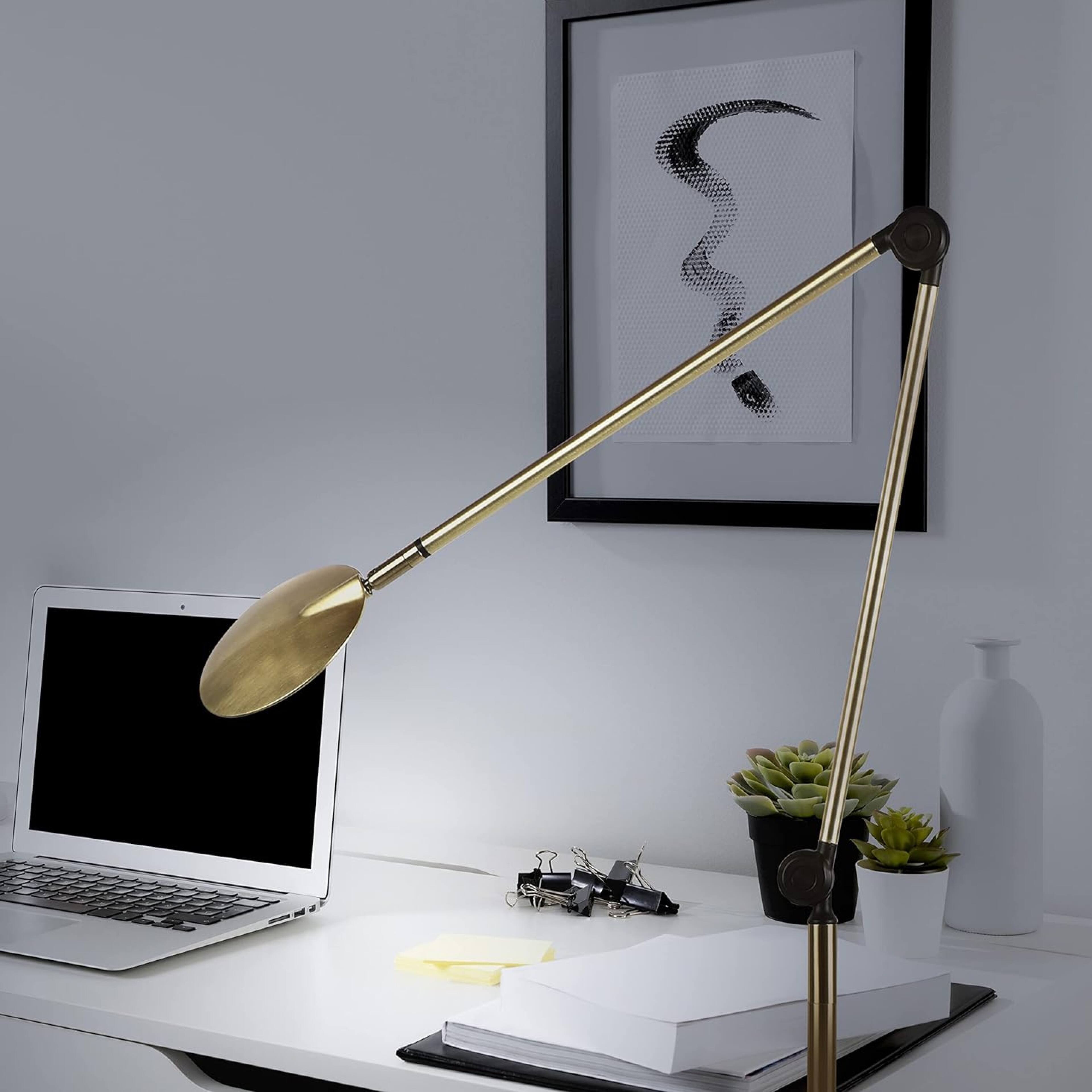Alt View 2. Brightech - Sage 2-in-1 LED Modern Industrial Arc Dimmable Bedside Desk and Floor Lamp with Rotating Height-Adjustable Head - Antiqued Brass.