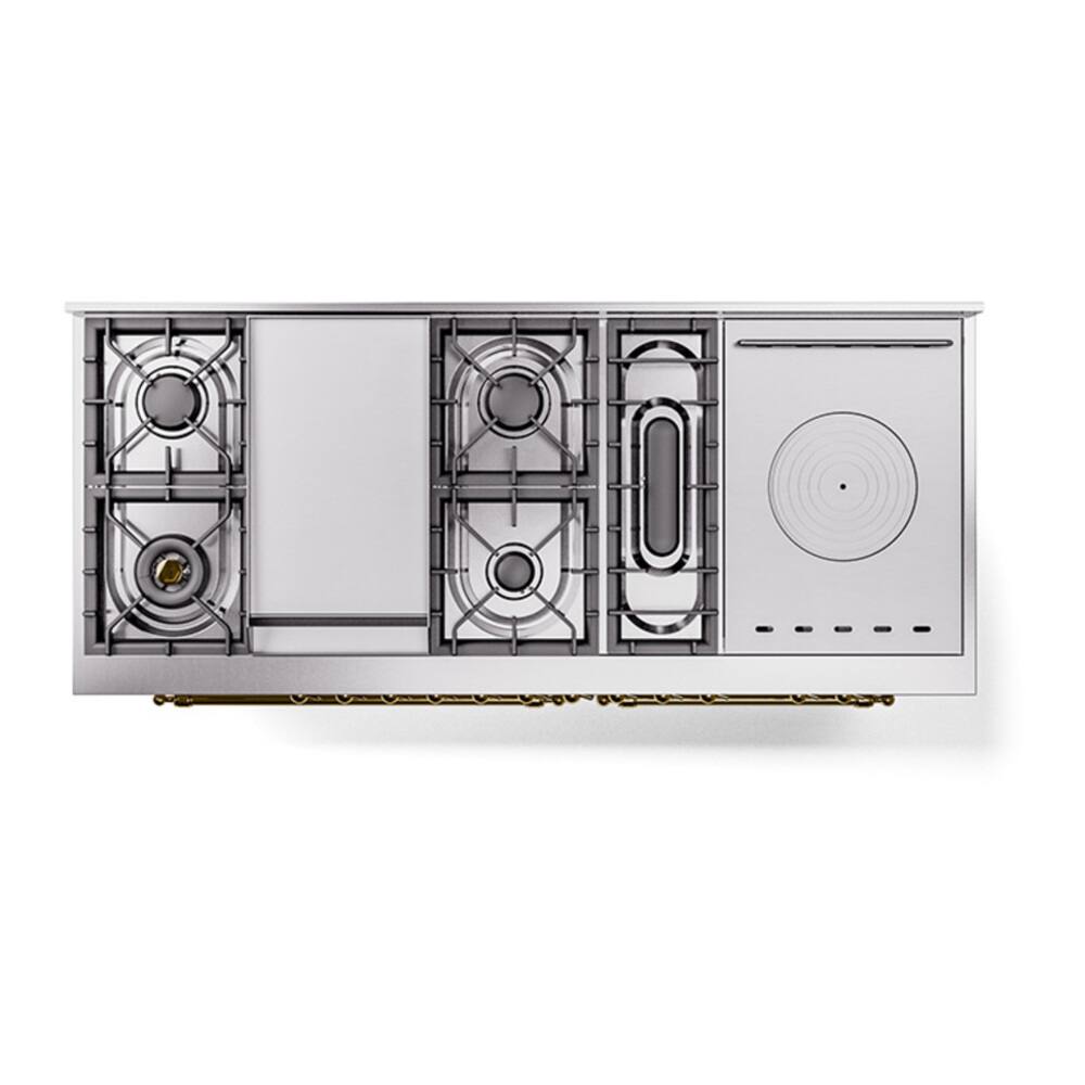 Alt View 5. ILVE - ILVE Nostalgie II 60 inch Dual Fuel Range with 7 Burners + Griddle (Liquid Propane, White, Brass Trim) - White.
