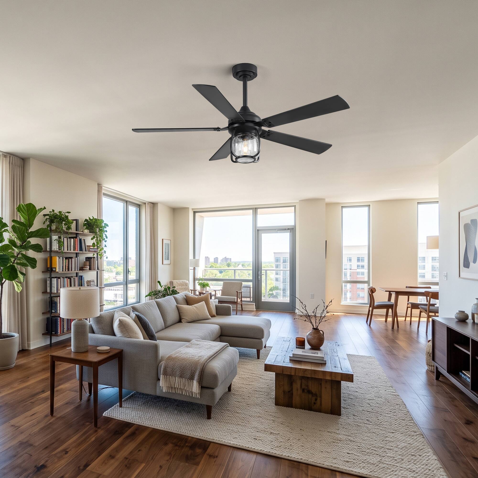 Alt View 3. Breezary - 52 Inch Ceiling Fan with Light, 5 Plywood Blades, Quiet DC Motor, Remote Control, 6 Speeds, 1/4/8H Timer - Black.