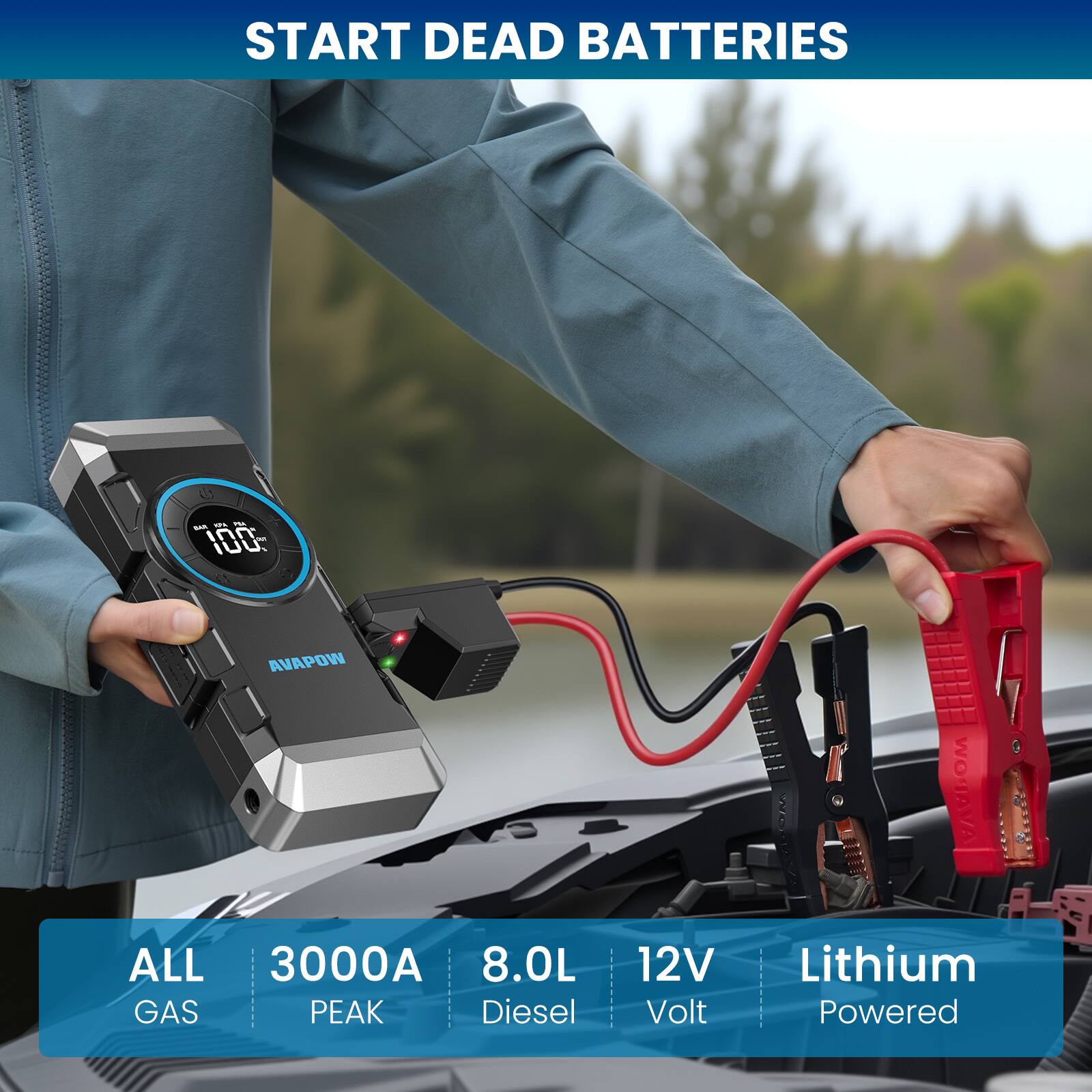 START DEAD BATTERIES

AVAPOW

ALL GAS
3000A PEAK
8.0L Diesel
12V Volt
Lithium Powered