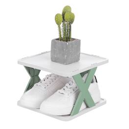 Unique Bargains - 2-Tier Plastic Shoe Rack, Vertical Stackable Folding Narrow Shelf for Closet Entryway Garage - Green/White
