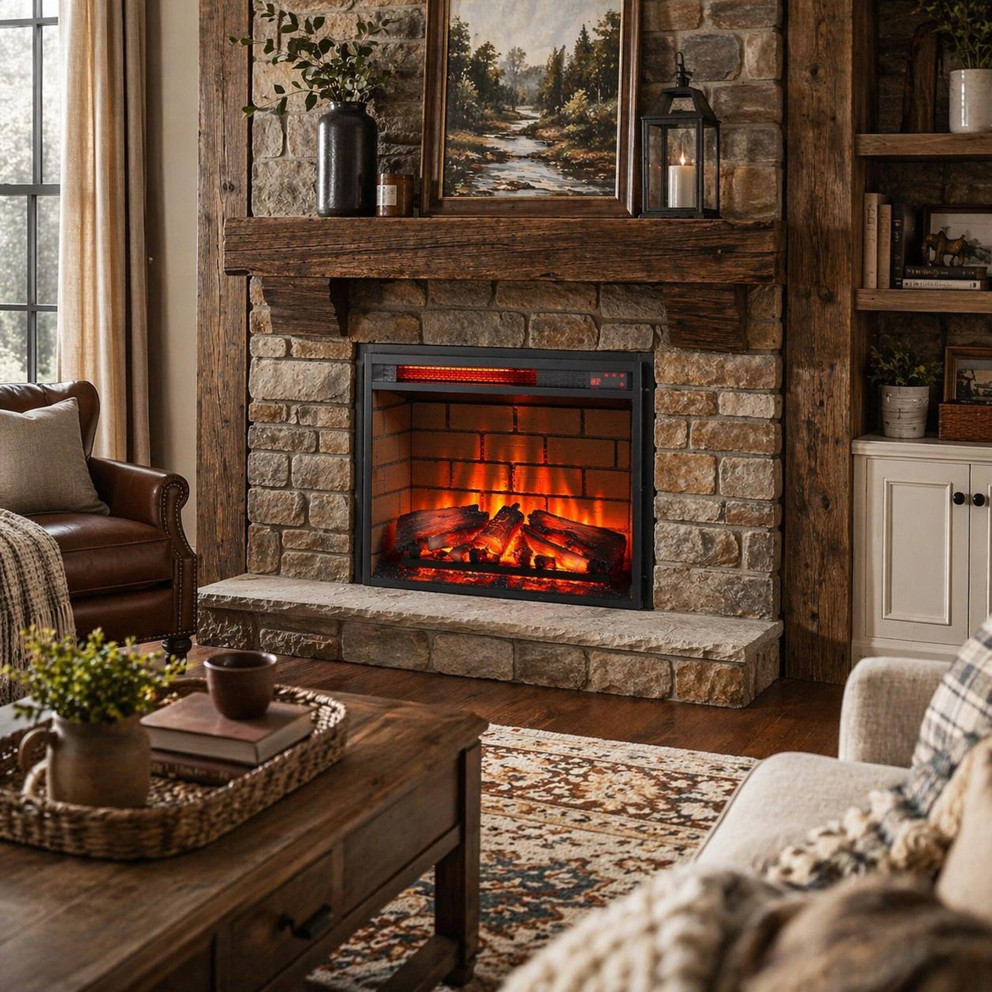 Angle. RYHNUYNE - 23 Inch Infrared Quartz Heater Fireplace Insert – Woodlog Version with Brick Design for TV Stand, Fireplace Cabinet - Antique Black.