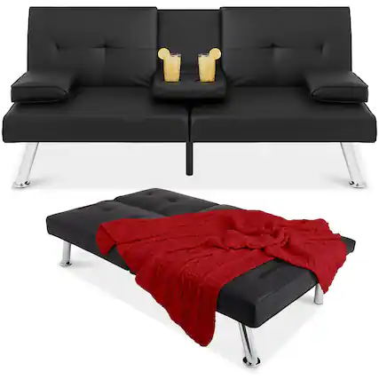 Front. Hivvago - Black Faux Leather Convertible Sofa Futon with 2 Cup Holders - Black.