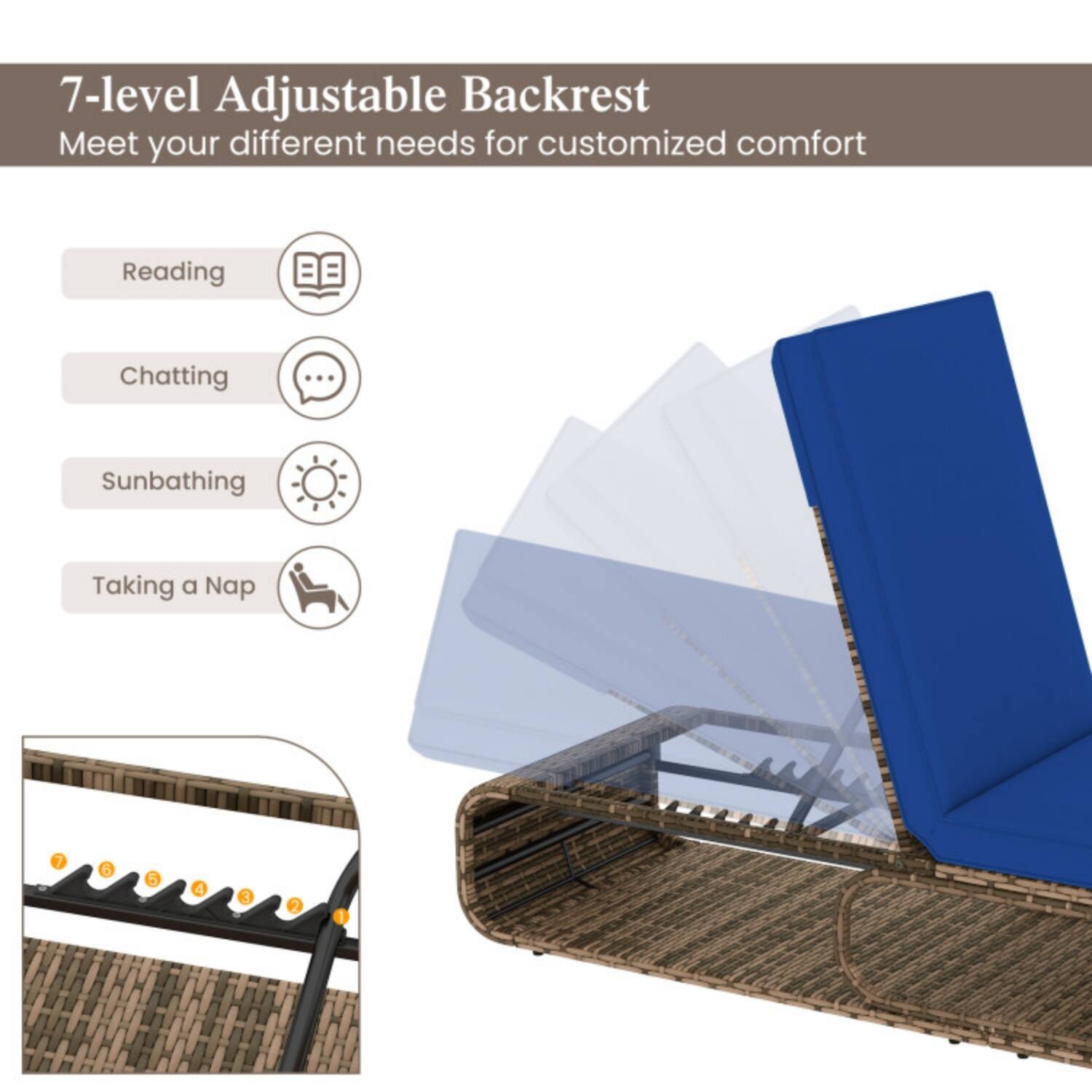 7-level Adjustable Backrest  
Meet your different needs for customized comfort  

Reading  
Chatting  
Sunbathing  
Taking a Nap  

7 6 5 4 3 2 1