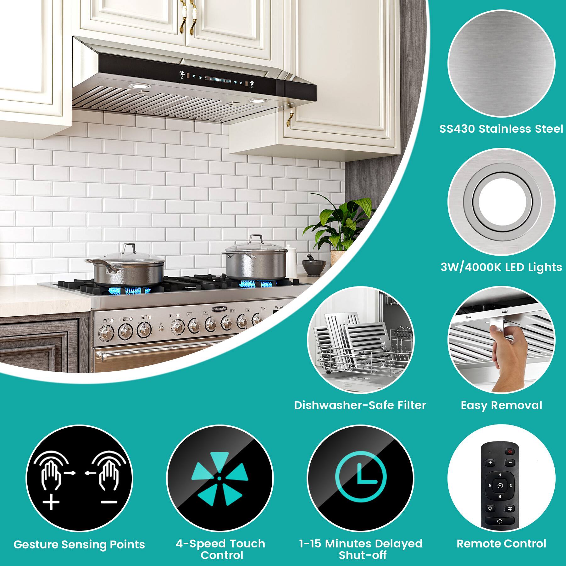 SS430 Stainless Steel  
3W/4000K LED Lights  
Dishwasher-Safe Filter  
Easy Removal  
Gesture Sensing Points  
4-Speed Touch Control  
1-15 Minutes Delayed Shut-off  
Remote Control