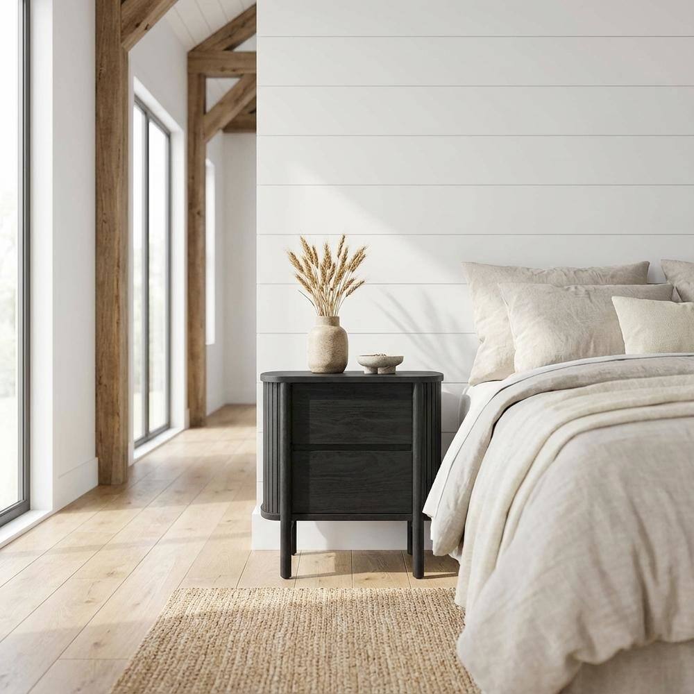 Left. FurniFact - Wooden Nightstand in Black Finish with Sleek Design and Easy-To-Access Drawer - Black.