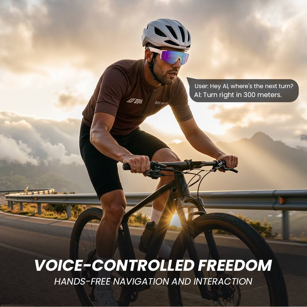 User: Hey AI, where's the next turn?  
AI: Turn right in 300 meters.  

VOICE-CONTROLLED FREEDOM  
HANDS-FREE NAVIGATION AND INTERACTION