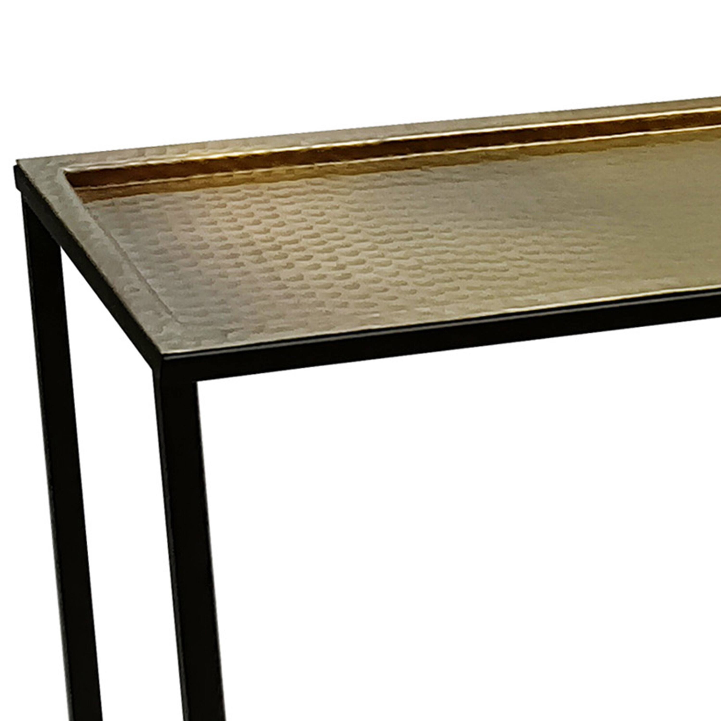 Left. Manhattan Lane - 48 Inch Console Sofa Table, Artisanal Hammered Antique Bronze Tray Top, Industrial Black Iron Frame - Antique Bronze, Black.