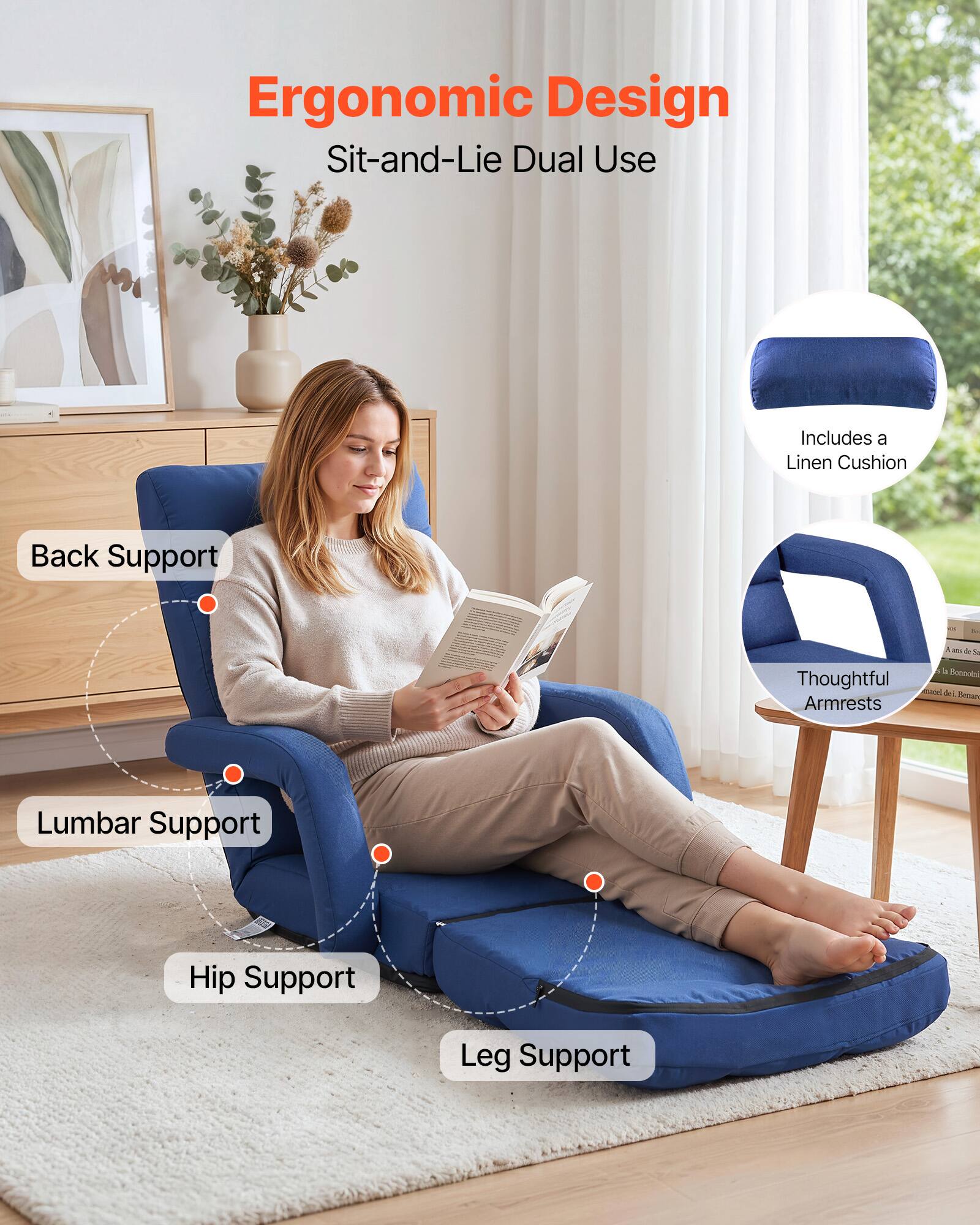 Ergonomic Design Sit-and-Lie Dual Use Includes a Linen Cushion Back Support - Lumbar Support Hip Support Leg Support Thoughtful Armrests