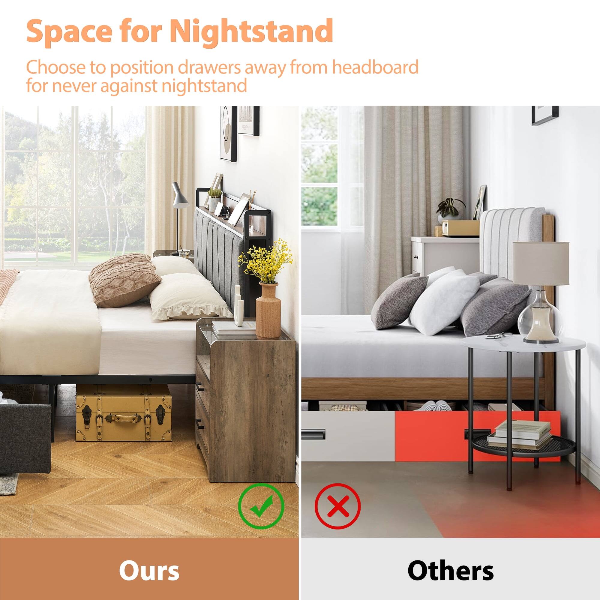Space for Nightstand

Choose to position drawers away from headboard for never against nightstand

Ours

Others