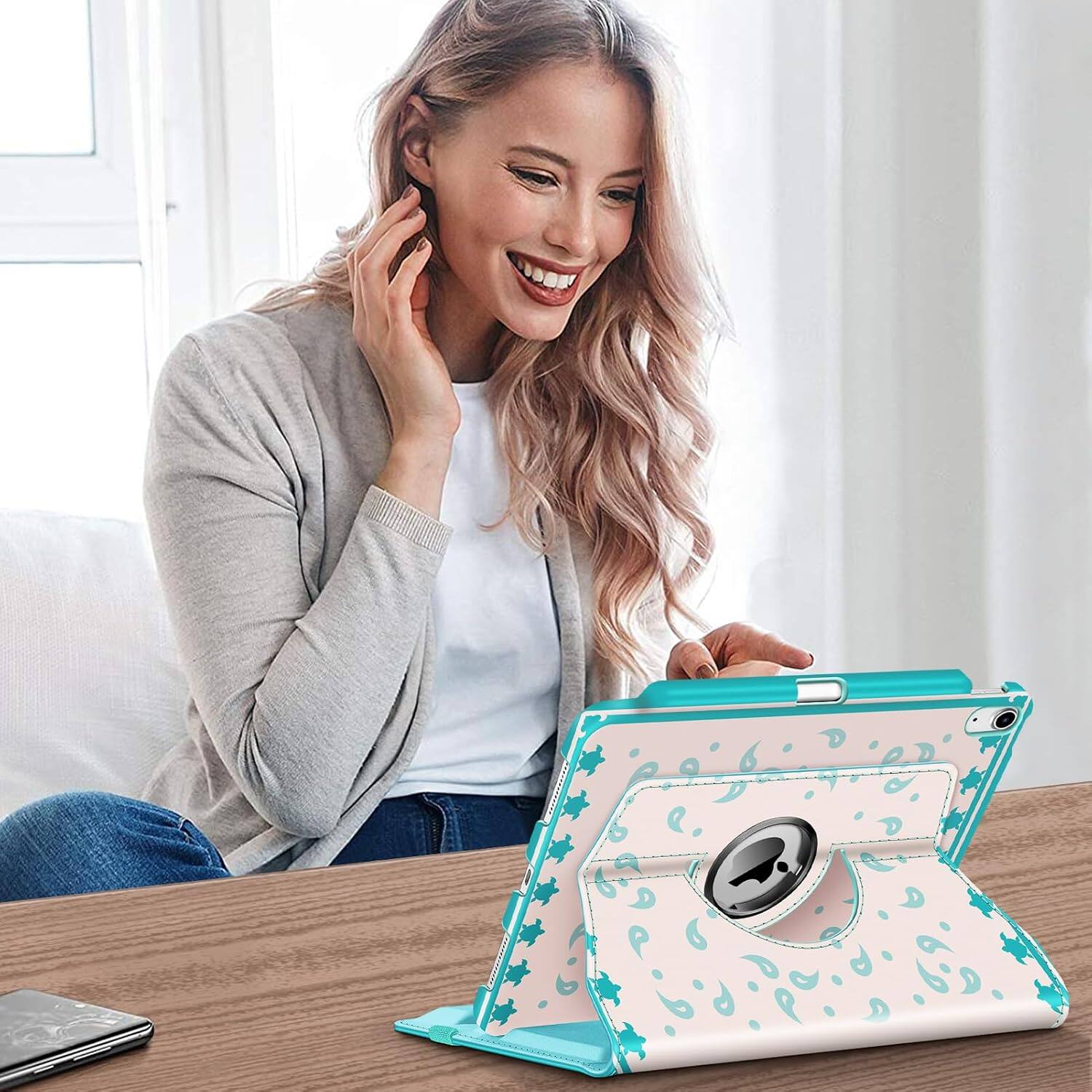 Alt View 3. Fintie - Rotating Case for iPad (A16) 11-inch 2025 and iPad 10th Gen 10.9 inch 2022, 360° Swivel Stand Magnetic Shockproof Cover - Green Sea Turtle.