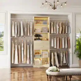 Aheaplus - 4-8 FT Walk-in Closet Organizer with 2 Wood Drawers, 5 Hang Rods & Built-in Shelves - Fits 60-96'' Closets - White Oak