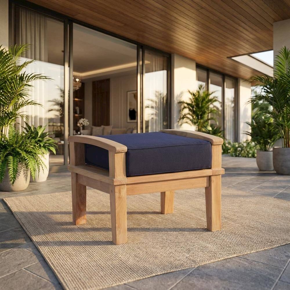 Angle. Outdoor Escape - Durable Outdoor Teak Ottoman With Cushioned Top And Classic Design - Blue.