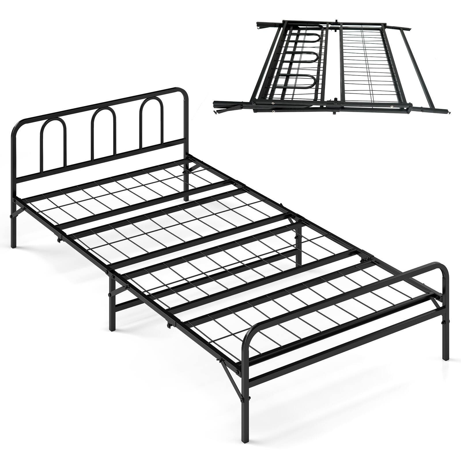 Front. Costway - Costway Twin Foldable Bed Frame with Headboard & Footboard, Under-Bed Storage for Dorm - Black.