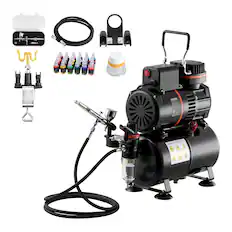Front. VEVOR - Airbrush Kit, 1/6 HP, Air Brush Kit with Air Compressor and Tank, 1 Dual-Action Professional Airbrush with 1 Tip, Hose - Black.