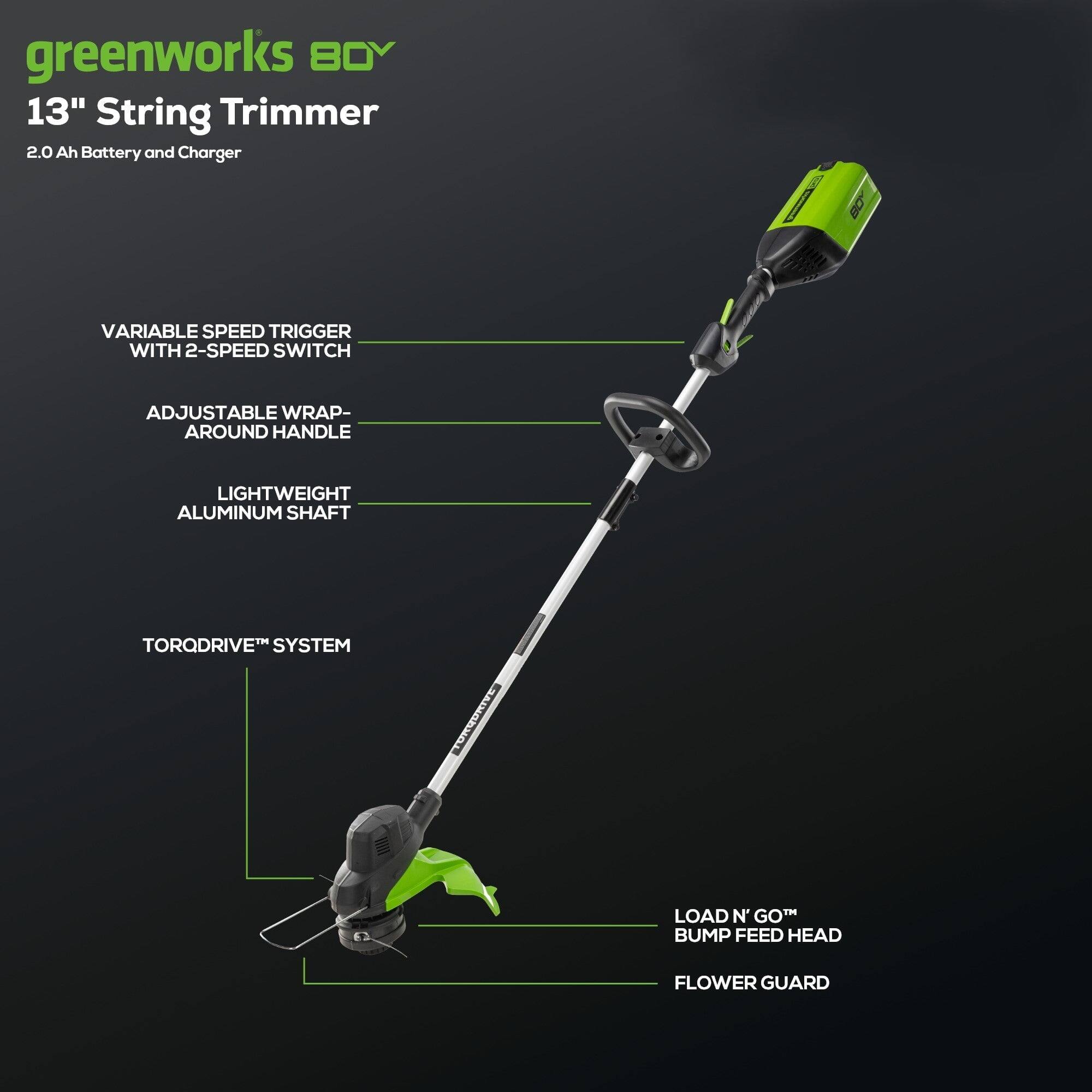 greenworks B0Y  
13" String Trimmer  
2.0 Ah Battery and Charger  

- VARIABLE SPEED TRIGGER WITH 2-SPEED SWITCH  
- ADJUSTABLE WRAP-AROUND HANDLE  
- LIGHTWEIGHT ALUMINUM SHAFT  
- TORQDRIVE™ SYSTEM  
- LOAD N' GO™ BUMP FEED HEAD  
- FLOWER GUARD