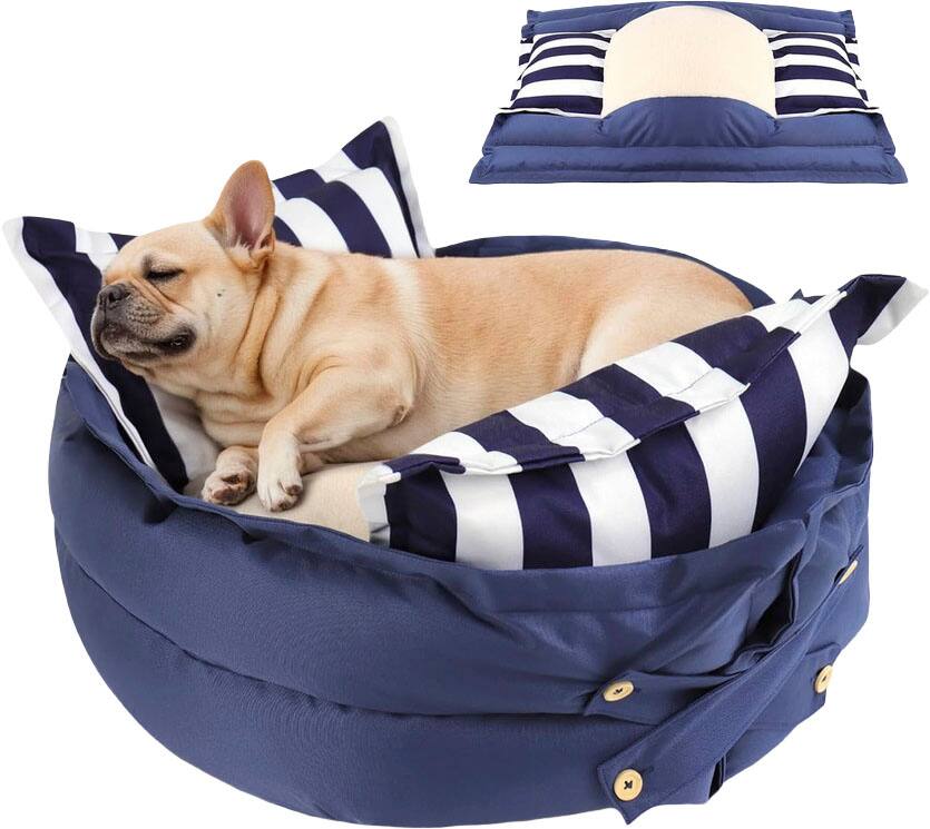 wowmax - Calming Dog Bed for Medium Dogs (40lbs) - 2-in-1 Round/Flat Design, Washable Cover, Non-Slip, 23", Stripes - Blue