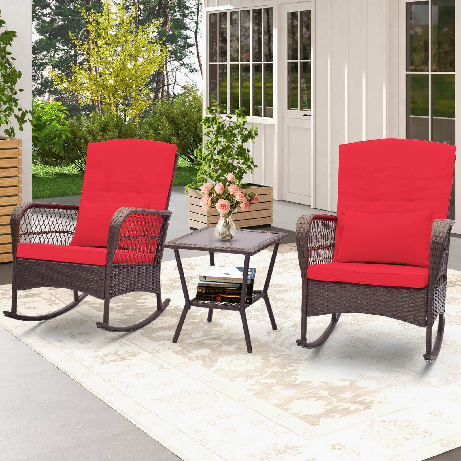 Alt View 1. Costway - 3 PCS Patio Rocker Set Outdoor Wicker Rocking Chairs with Double-Layer Coffee Table - Red.
