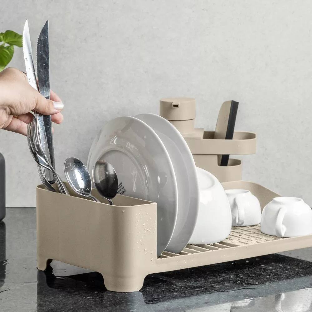 Angle. OU - OU Dish Drying Rack, Freestanding Polypropylene Dish Drying Rack with Utensil Holder - 16" x 8" - Beige - Beige.