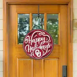 Evergreen Enterprises - Oklahoma Sooners 18" Happy Holidays Wooden Round Door Sign - Multicolor