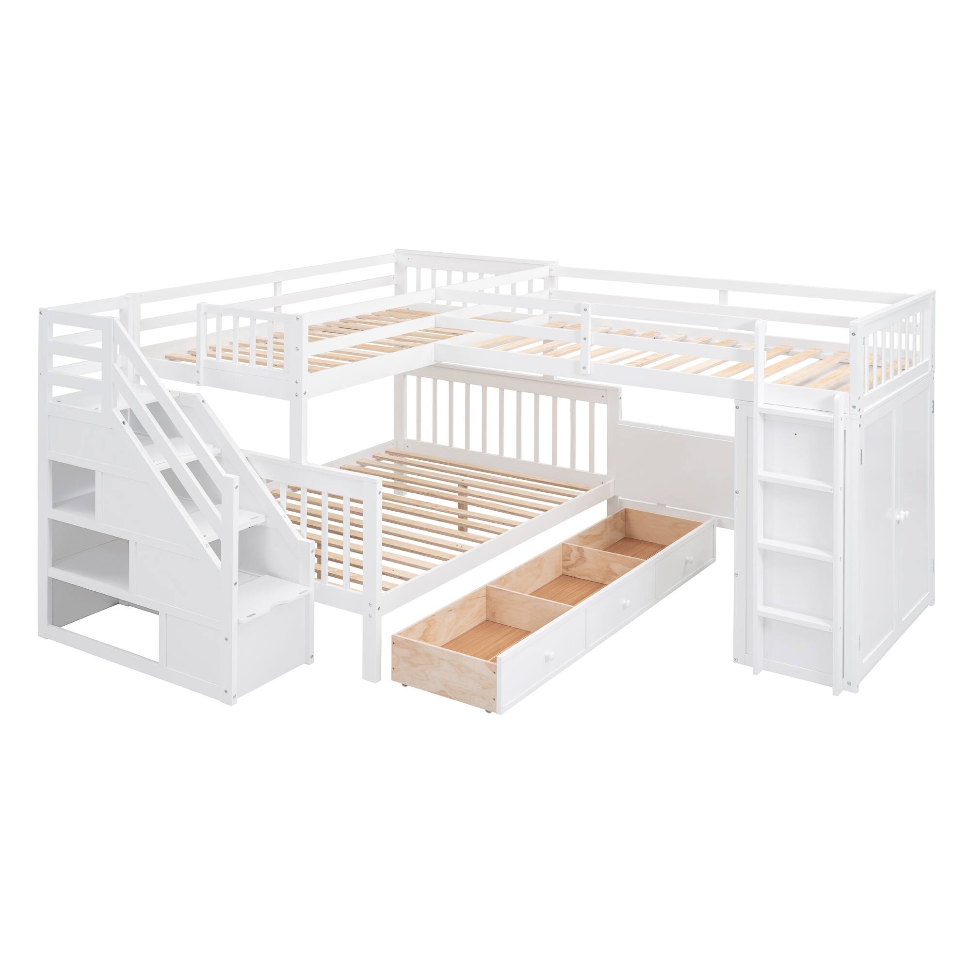 Left. Tiramisubest - Twin-Twin L-Shaped Bunk Bed, 3 Drawers, Portable Desk, Wardrobe, White - White.