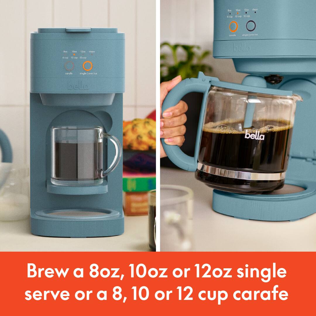 Brew a 8oz, 10oz or 12oz single serve or a 8, 10 or 12 cup carafe