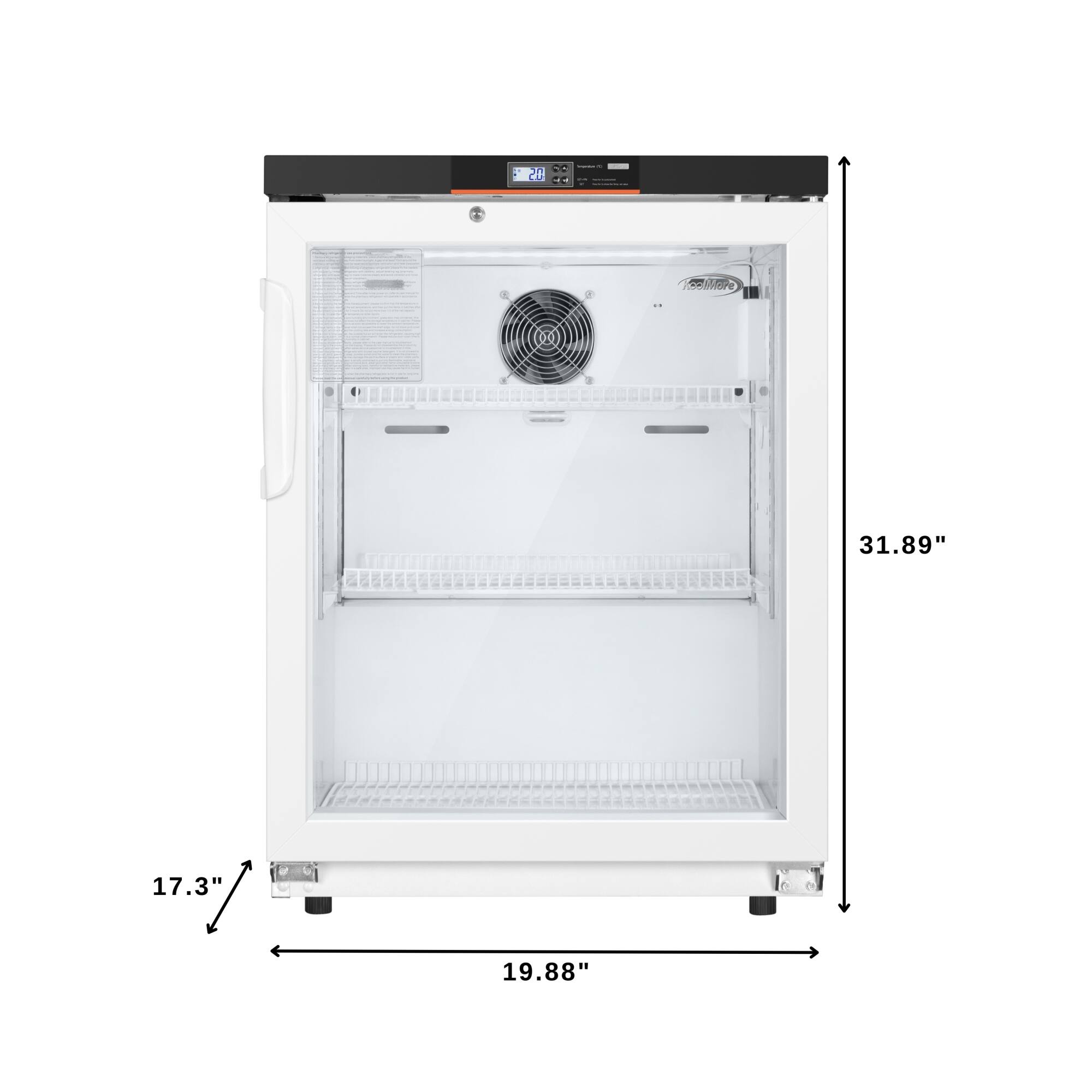 The text on the image reads "20 SC Tedao 00 31.89" 17.3" 19.88". The correct grouping of this text would be:

"20 SC Tedao 00 31.89" 17.3" 19.88"

This text is describing a refrigerator with a height of 19.88 inches, a width of 17.3 inches, and a depth of 31.89 inches.
