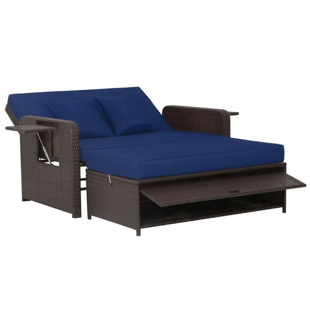 Pefilos - Patio Rattan Daybed with 4-Leel Adjustable Backrest, Daybed with Retractable Side Tray, Patio Rattan Daybed Set for - Blue