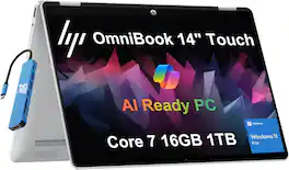 HP - OmniBook 5 Flip 14" WUXGA 2-in-1 Touchscreen AI PC Laptop - Intel Core 7 with 16GB Memory - 1TB SSD - Win 11Pro - Silver