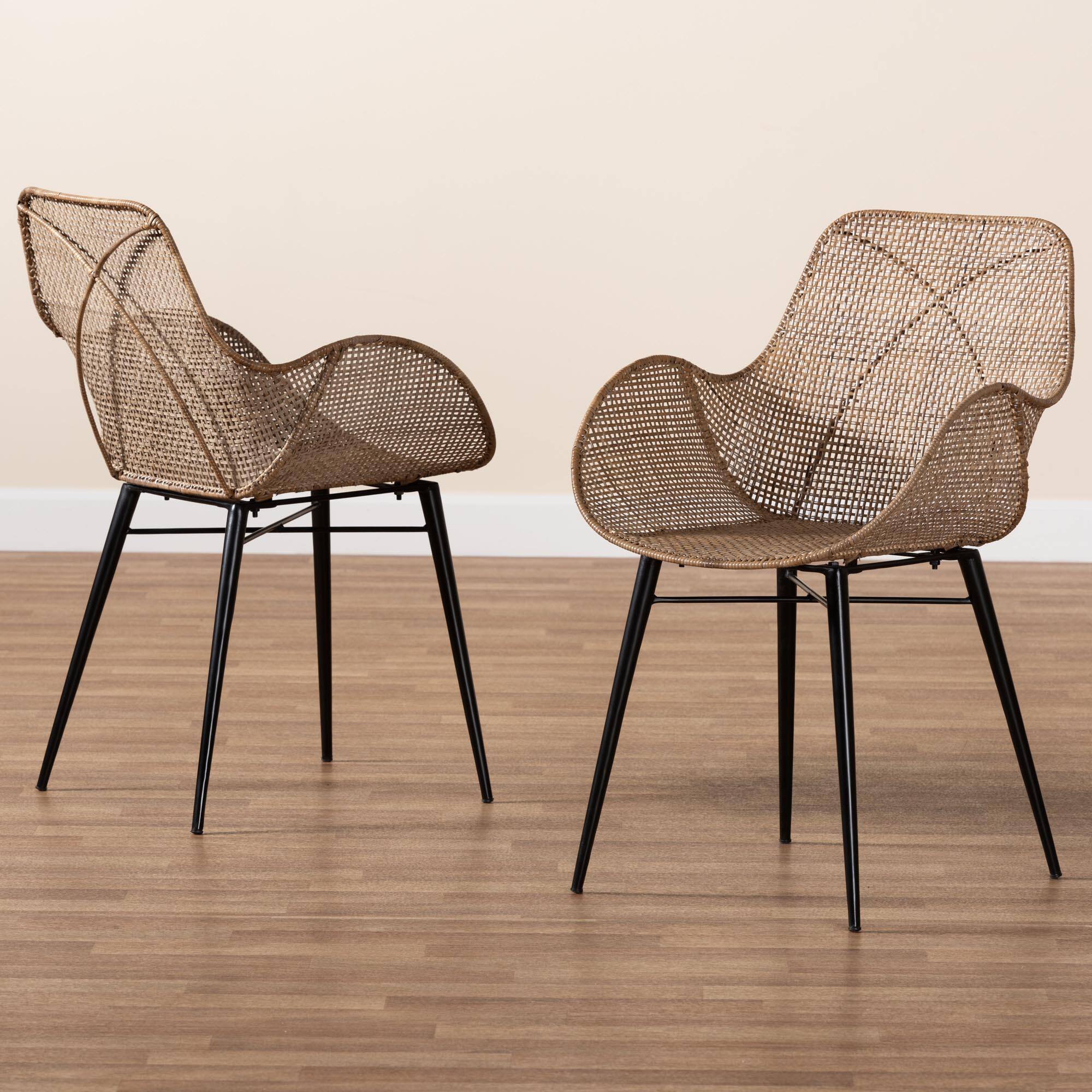 Alt View 4. bali & pari - Ballerina Modern Bohemian Rattan and Metal 2-Piece Dining Chair Set - Greywash/Black.
