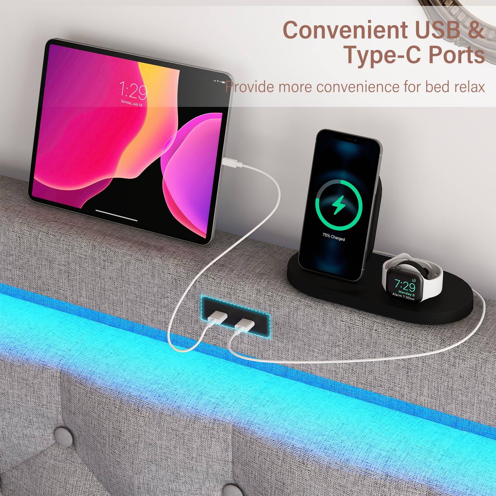 1:29 Sunday, July 18  
Convenient USB & Type-C Ports  
Provide more convenience for bed relax  
75% Charged  
7:29 Monday, July 19