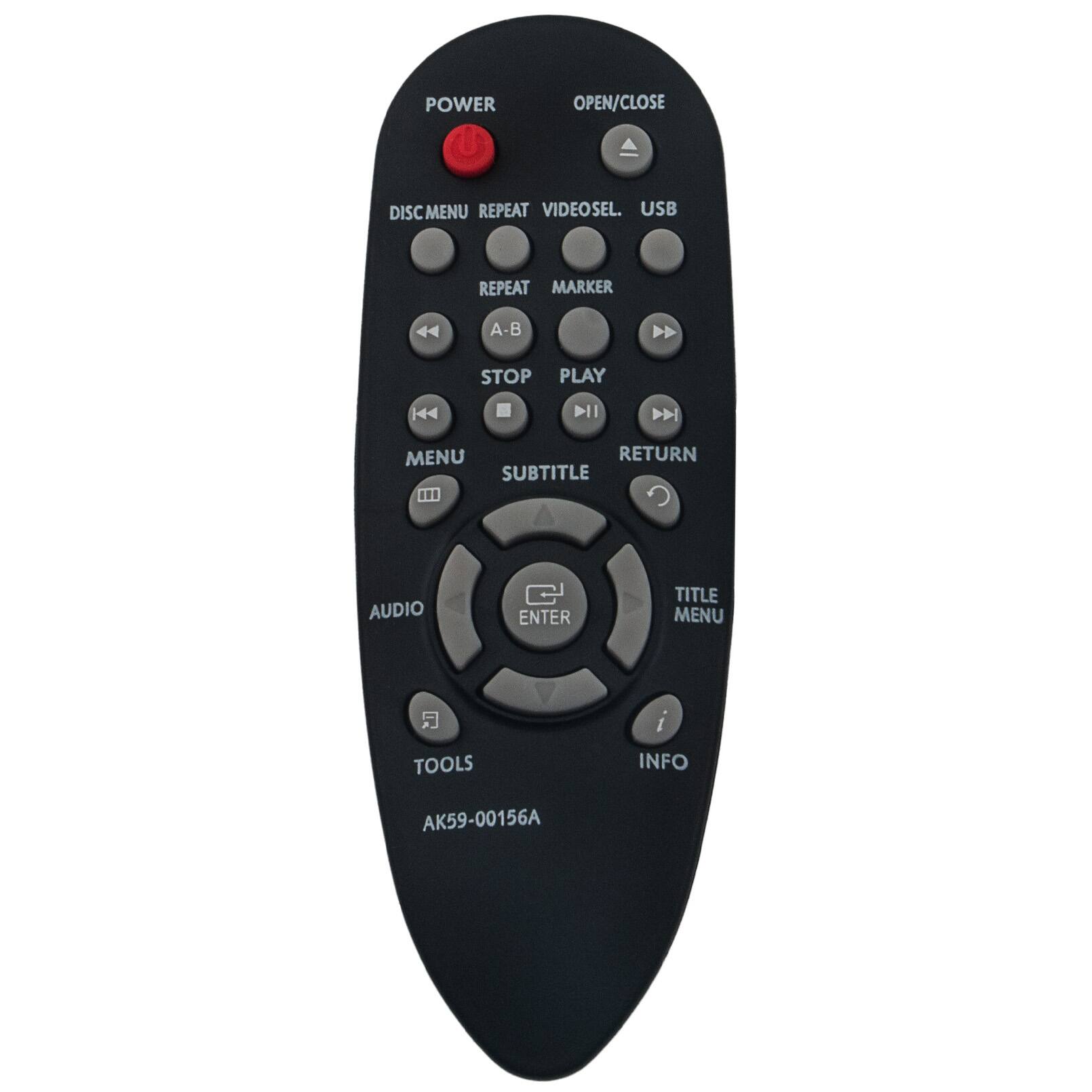 POWER  
OPEN/CLOSE  
DISC MENU REPEAT VIDEOSEL. USB  
REPEAT MARKER  

A-B  

STOP PLAY KA DII  MENU RETURN SUBTITLE A  
AUDIO  
ENTER  
TITLE MENU  
TOOLS AK59-00156A  
i INFO