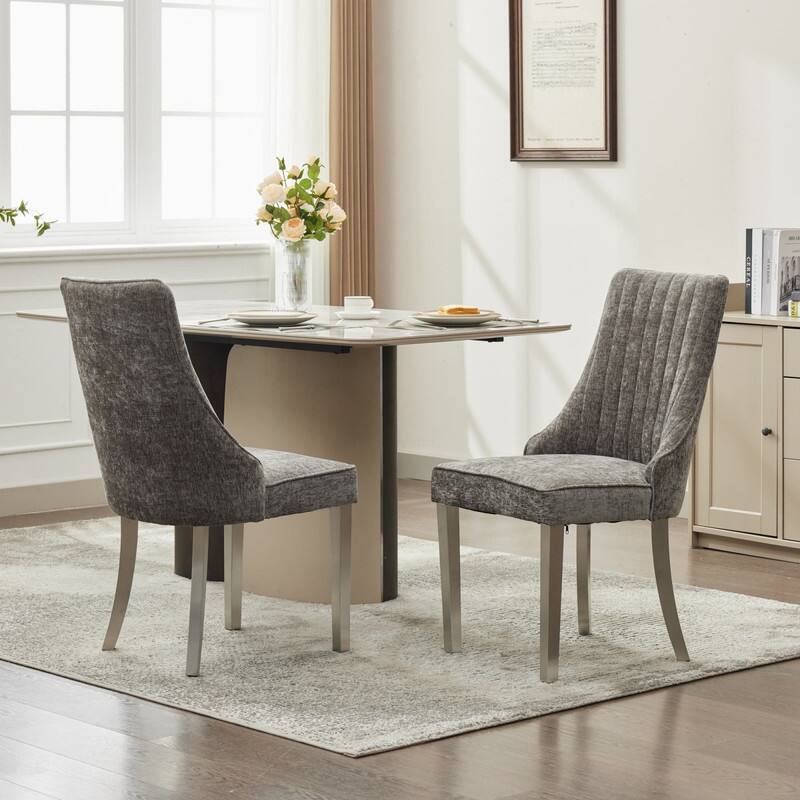 Alt View 2. HTUTWOO - Chenille Dining Chairs with Back & Curved Solid Wood Legs, Set of 2 for Dining Room, Kitchen, Home Use for Families - Gray.