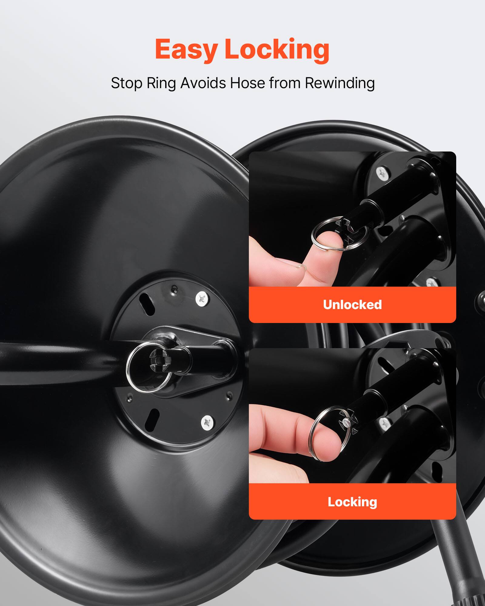 Easy Locking  
Stop Ring Avoids Hose from Rewinding  

Unlocked  

Locking