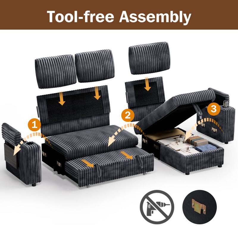Tool-free Assembly

1. Place the base pieces together.
2. Attach the side panels.
3. Add the top cover and secure.
