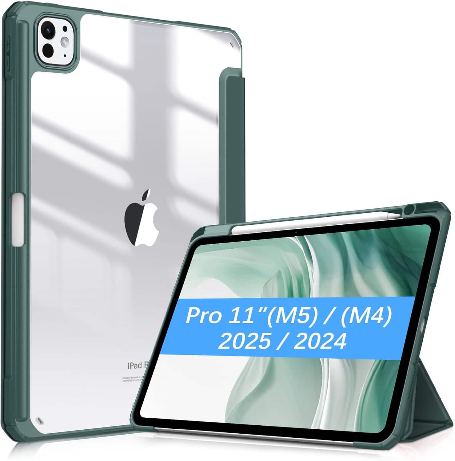 Fintie - Shockproof Case for iPad Pro 11-inch (M5) 2025 / (M4) 2024 Hybrid Slim Clear Back Shell Cover with Pencil Holder - Midnight Green