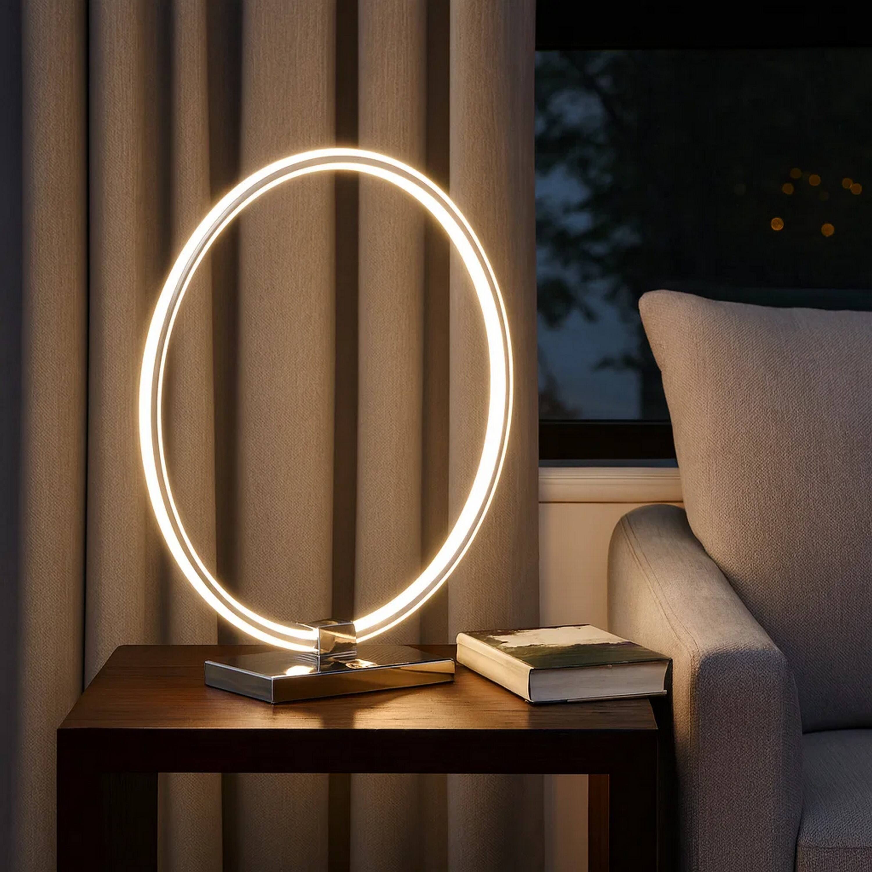 Alt View 2. Manhattan Lane - Sine 21 Inch Table Lamp, Modern Circle Ring LED, Metal Base - Nickel, Silver.