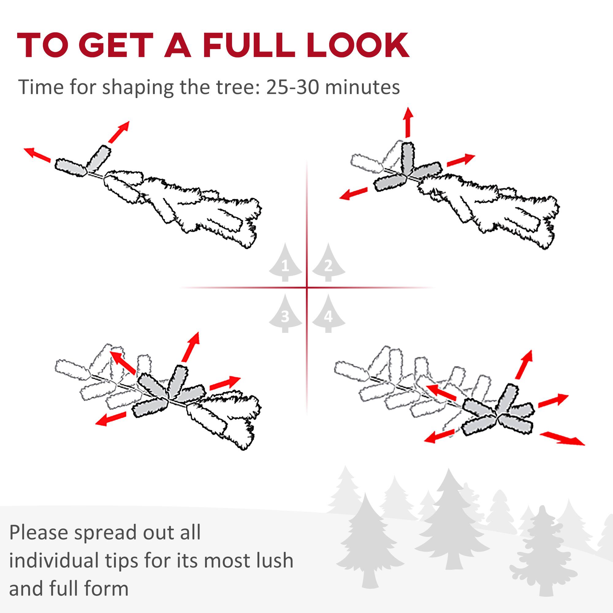 TO GET A FULL LOOK

Time for shaping the tree: 25-30 minutes

1. 
2. 
3. 
4. 

Please spread out all individual tips for its most lush and full form