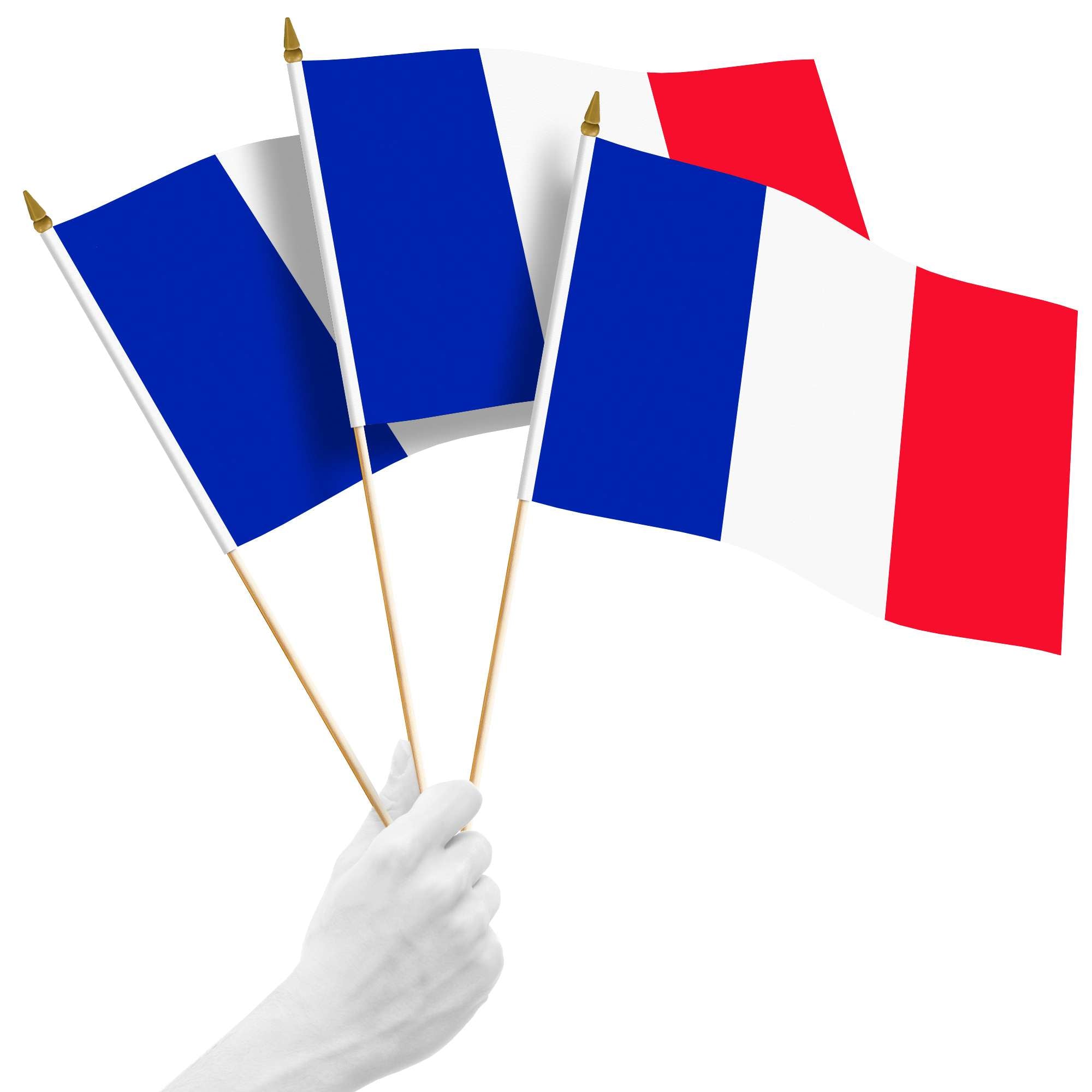 Front. G128 - Handheld France Stick Flags 12x18 Inch Printed 150D Polyester 10 Pack - Blue, White, Red.