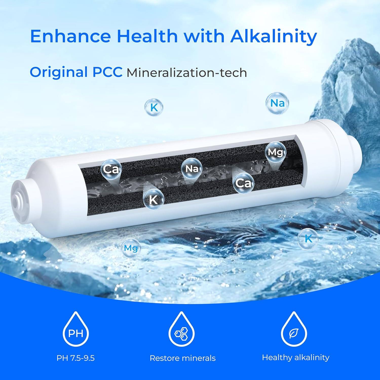Enhance Health with Alkalinity

Original PCC Mineralization-tech

K Na Ca K Na Ca Mg Mg K

PH 7.5-9.5

Restore minerals

Healthy alkalinity
