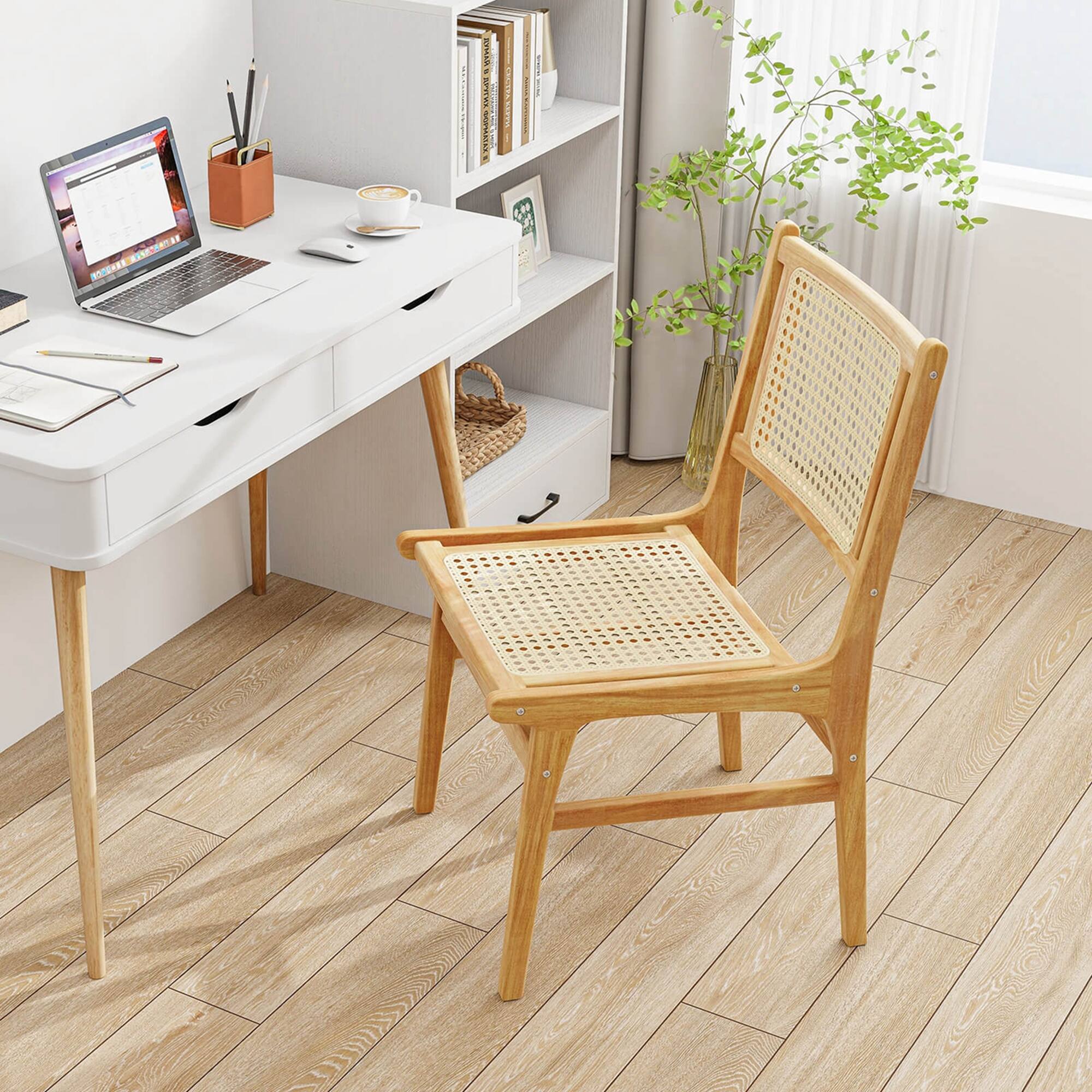 Angle. Costway - 1 PCS Rattan Dining Chair with Natural Cane Woven Backrest & Seat & Teak Wood Frame - Natural.